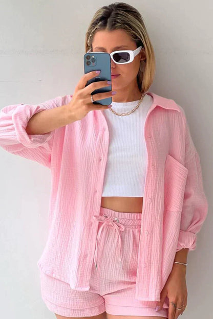 Damen Set Oversize Musselin Hemd Shorts Sommer