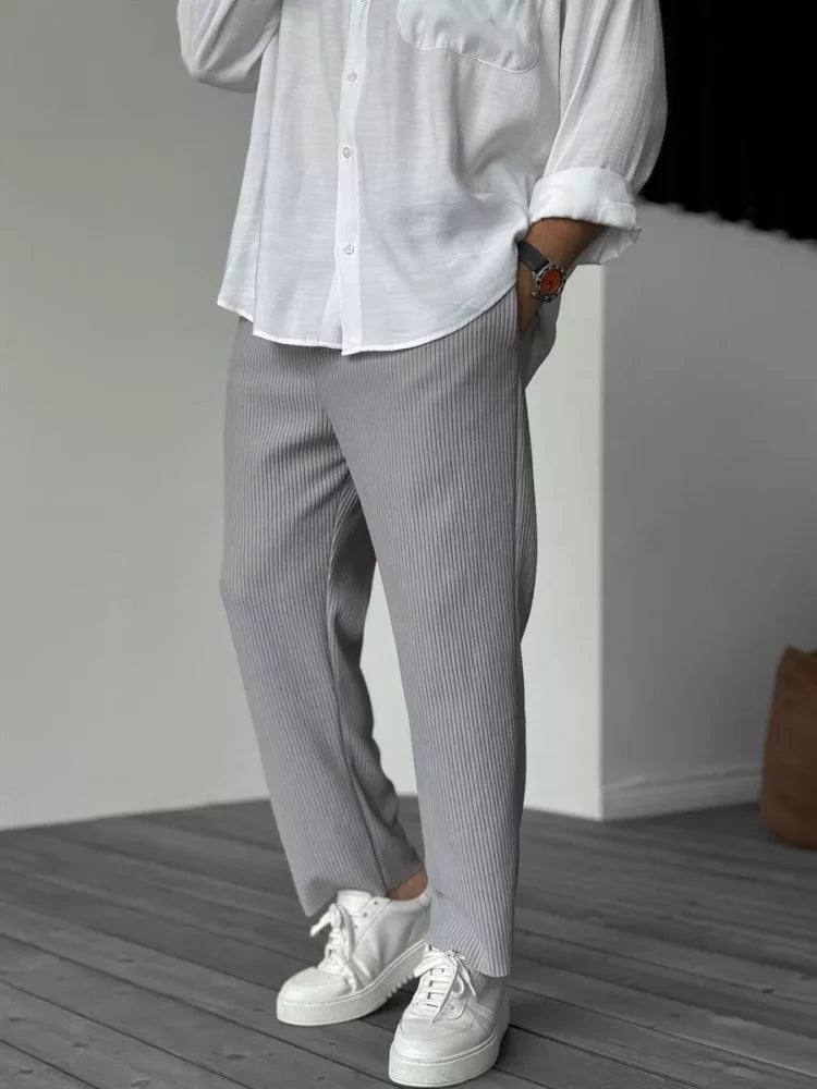 Loose Fit Hose - Gerippt - Elastische Taille - Gerade Hosenbeine - Herrenhosen-Grau-S-Chaps Herrenmode