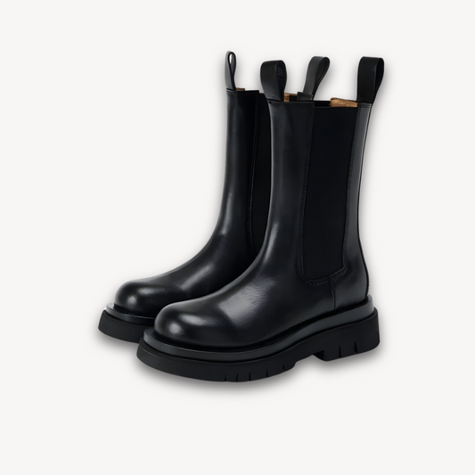 Loravelle | Schwarze Chelsea-Stiefel aus Leder für Damen – dicke Sohle, zum Hineinschlüpfen, strapazierfähig, stylisches Freizeitschuhwerk 0
