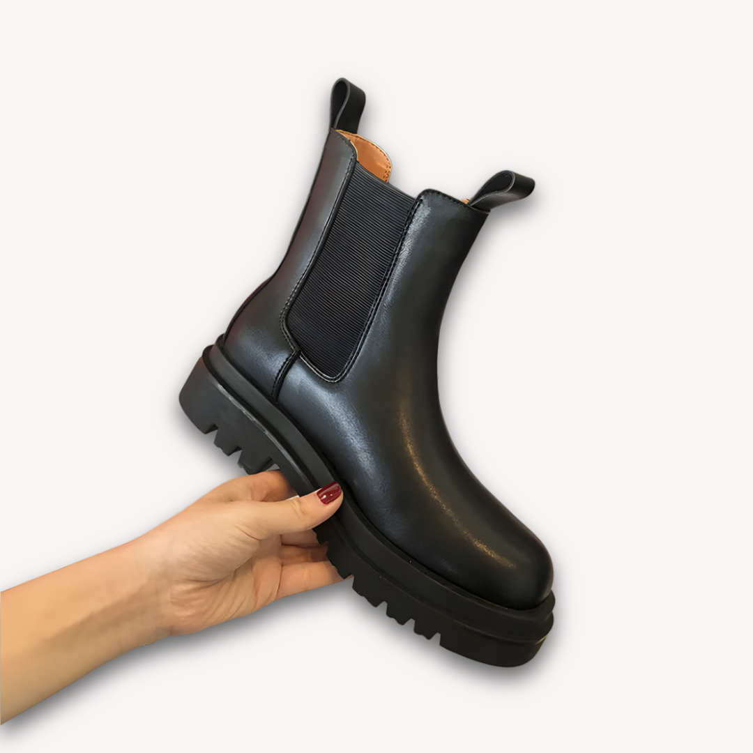 Loravelle | Schwarze Chelsea-Stiefel aus Leder für Damen – dicke Sohle, zum Hineinschlüpfen, strapazierfähig, stylisches Freizeitschuhwerk 3
