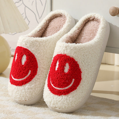 Pelzpantoffel mit rotem Smiley-Design
