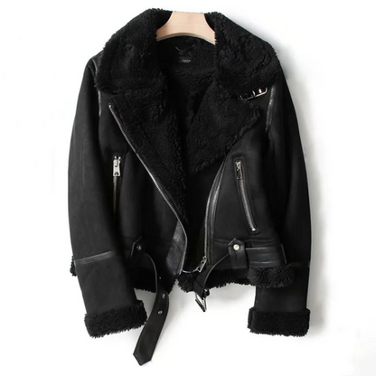 Lederjacke Sherpa Futter Warm Schwarz Frauen