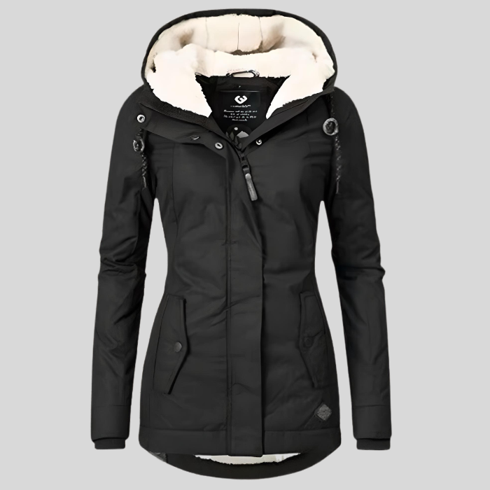 Schwarze Winterjacke mit Fleecefutter und Kapuze
