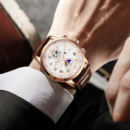 Leder Herrenuhr Chronograph Automatik Edelstahl