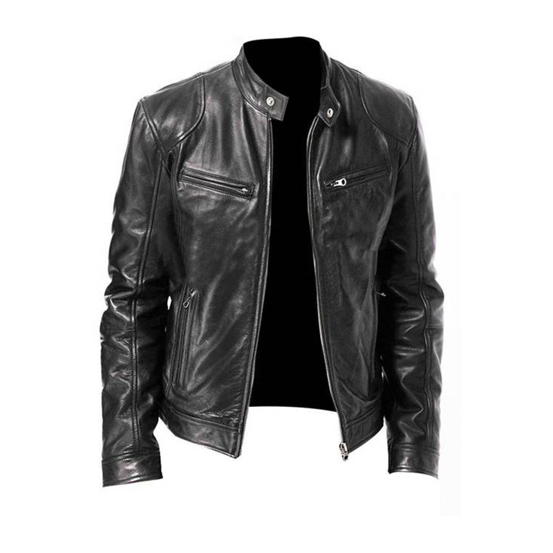 Lederjacke Herren Biker Style Stehkragen Schwarz
