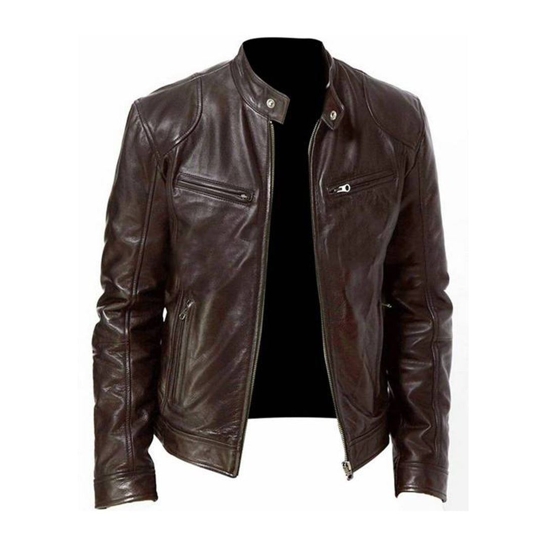 Lederjacke Herren Biker Style Stehkragen Schwarz