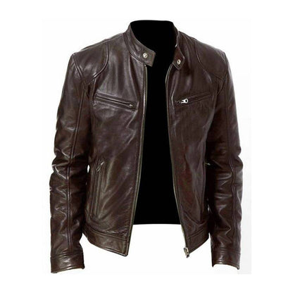 Lederjacke Herren Biker Style Stehkragen Schwarz