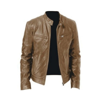 Lederjacke Herren Biker Style Stehkragen Schwarz