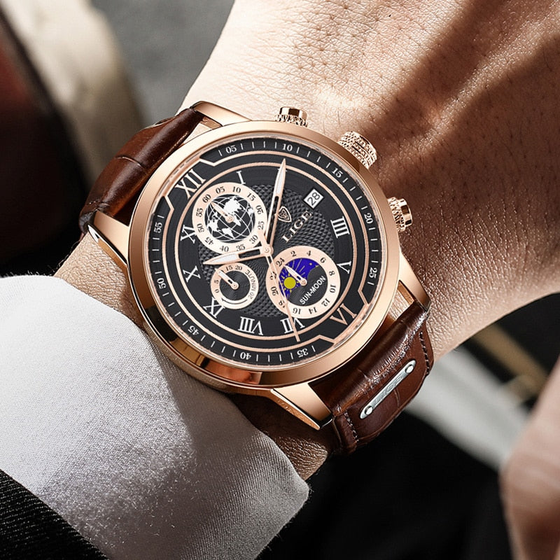 Leder Herrenuhr Chronograph Automatik Edelstahl
