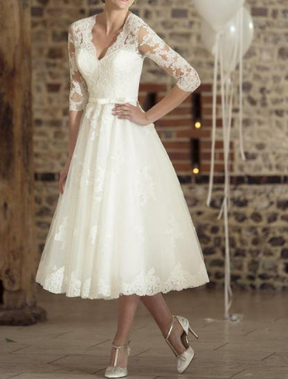 Damen Hochzeitskleid Vintage Spitze Midi Länge Romantisch - BerlinGlamour