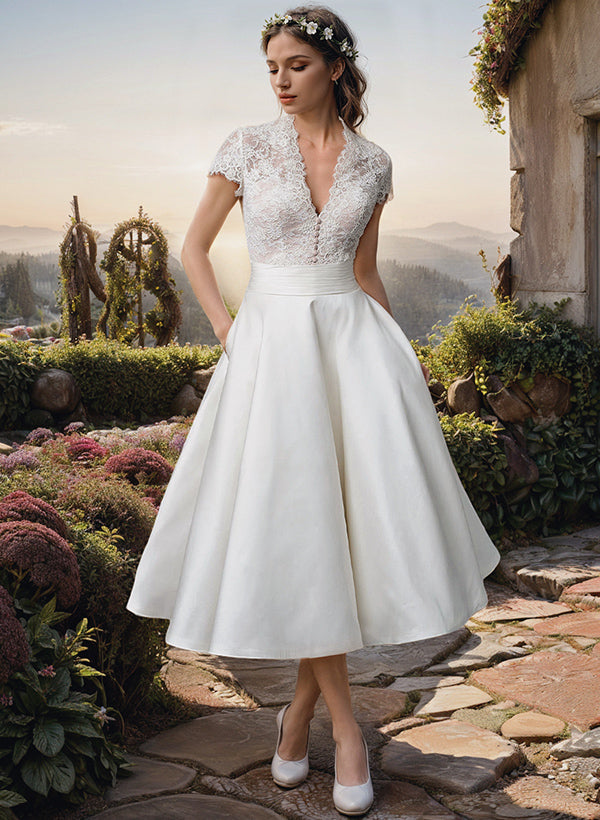 Damen Hochzeitskleid Spitzen Top V-Ausschnitt Midi - BerlinGlamour