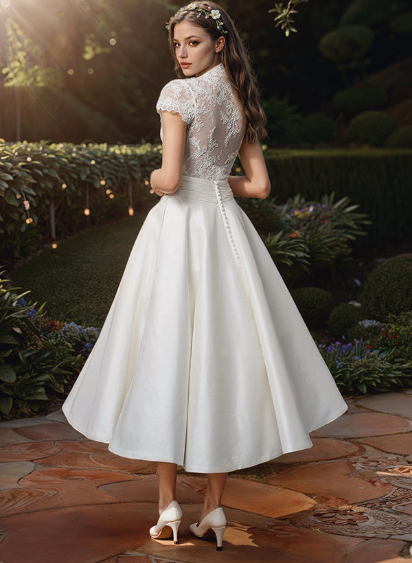 Damen Hochzeitskleid Spitzen Top V-Ausschnitt Midi