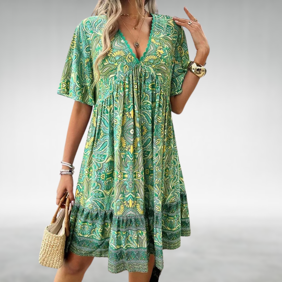 Boho Kleid V-Ausschnitt Ethno Muster Sommerkleid - BerlinGlamour
