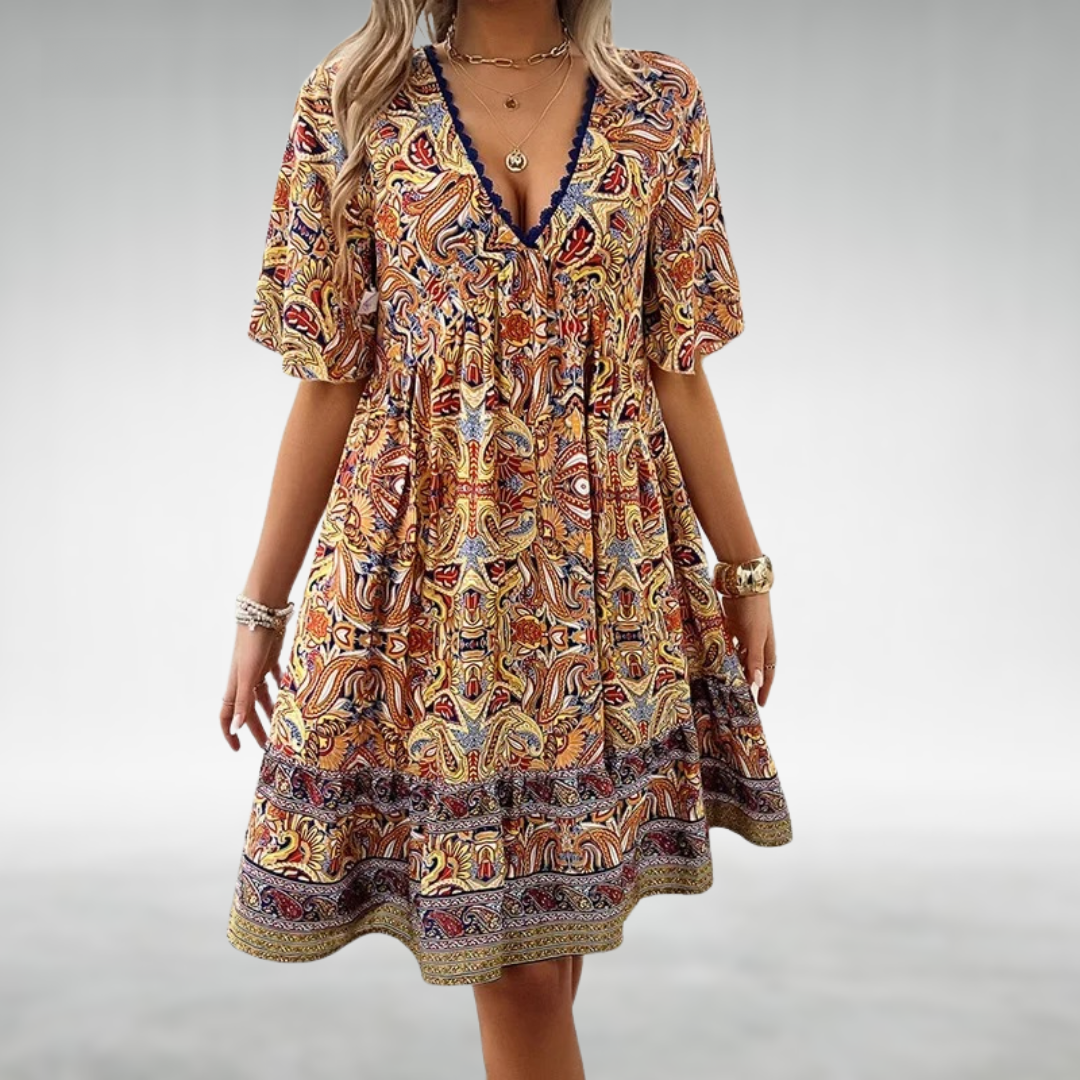 Boho Kleid V-Ausschnitt Ethno Muster Sommerkleid