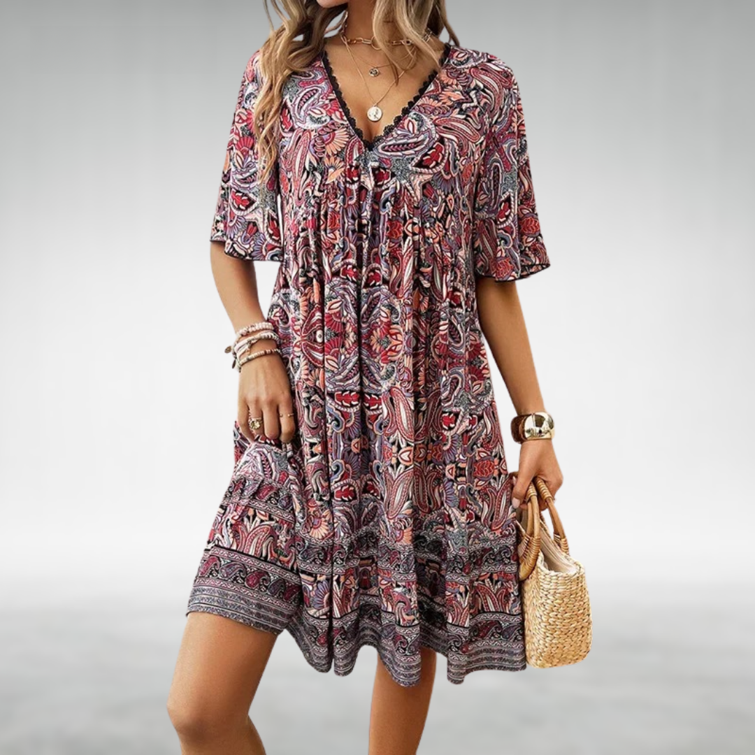 Boho Kleid V-Ausschnitt Ethno Muster Sommerkleid