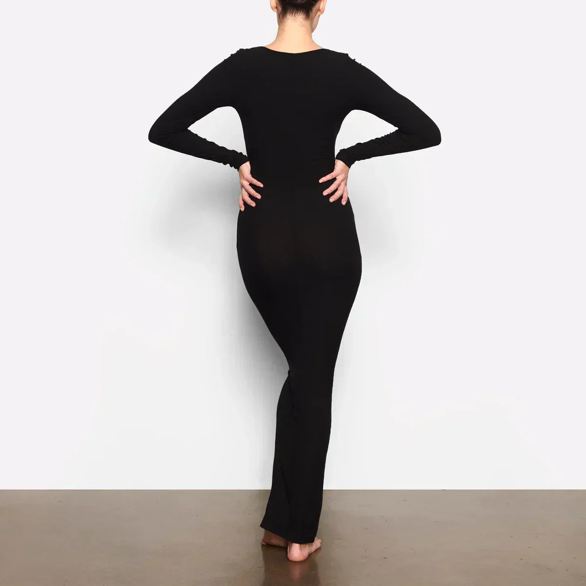 Schwarzes Langarm-Maxikleid Bodycon Damenkleid
