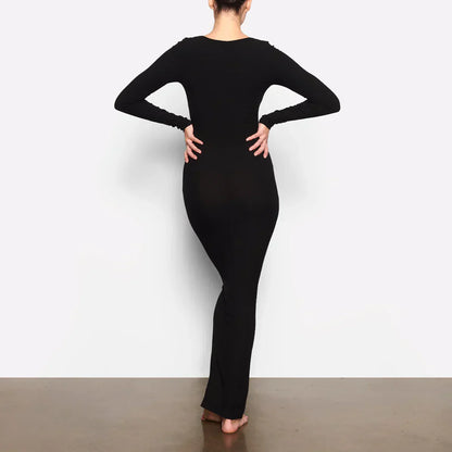 Schwarzes Langarm-Maxikleid Bodycon Damenkleid