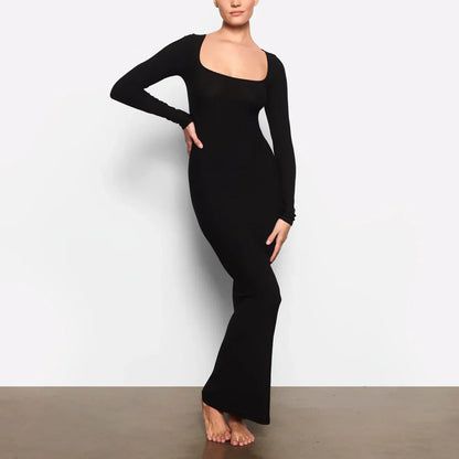 Schwarzes Langarm-Maxikleid Bodycon Damenkleid - BerlinGlamour