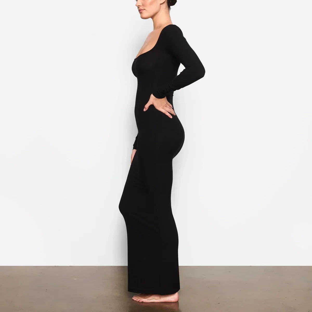 Schwarzes Langarm-Maxikleid Bodycon Damenkleid
