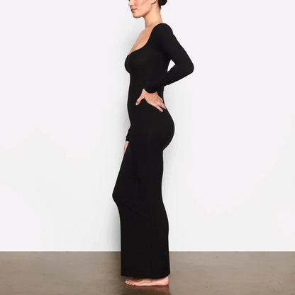 Schwarzes Langarm-Maxikleid Bodycon Damenkleid