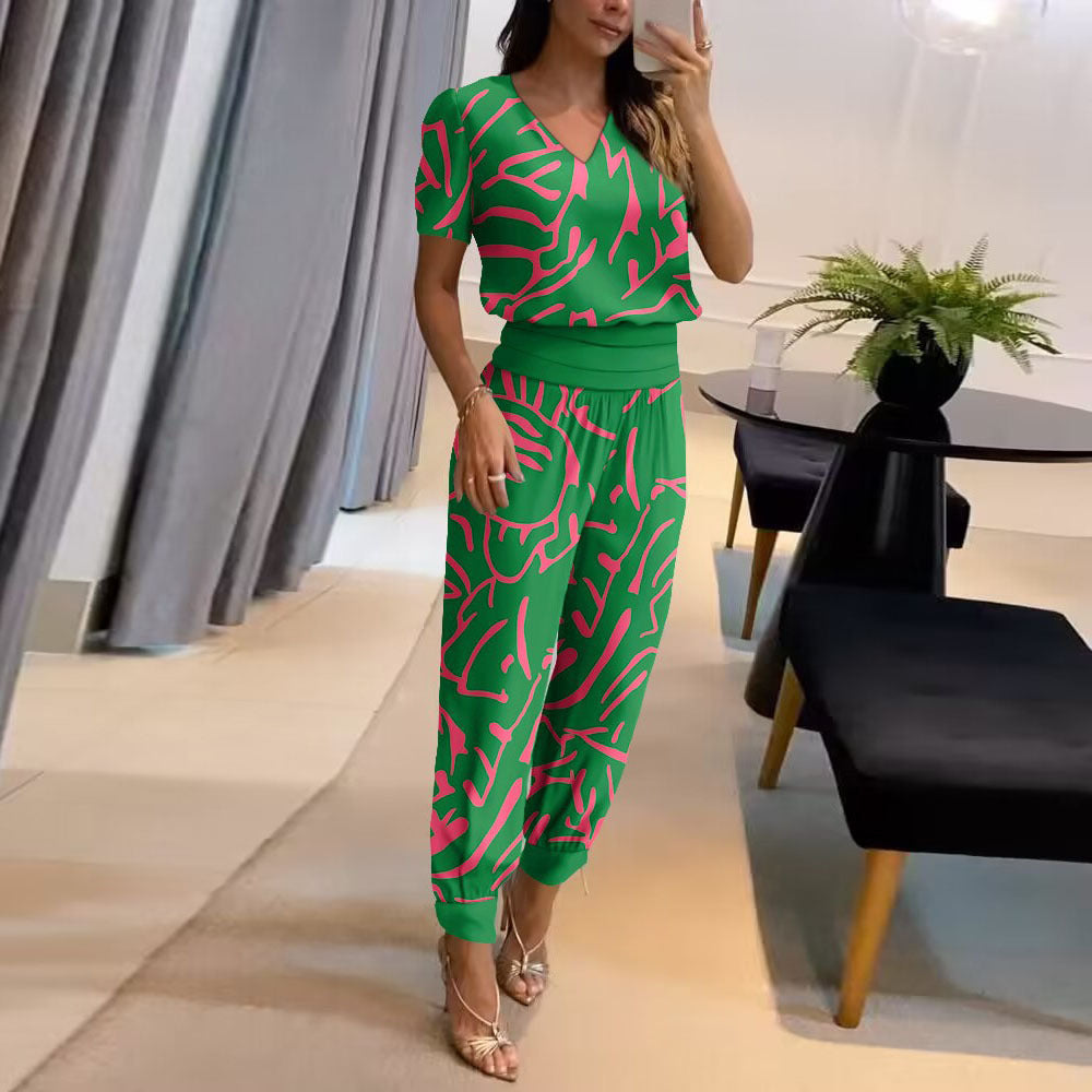 Damen Zweiteiler Sommer Moderner Print V-Ausschnitt