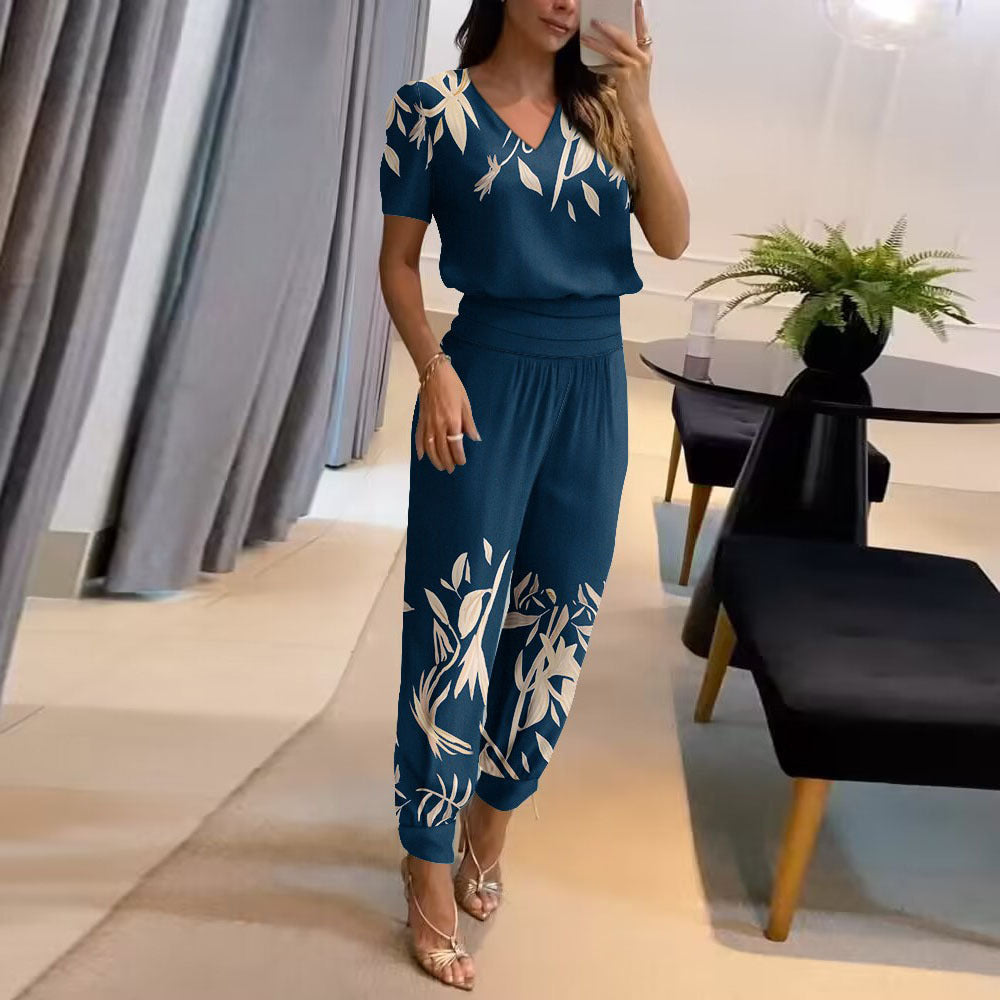 Damen Zweiteiler Sommer Moderner Print V-Ausschnitt