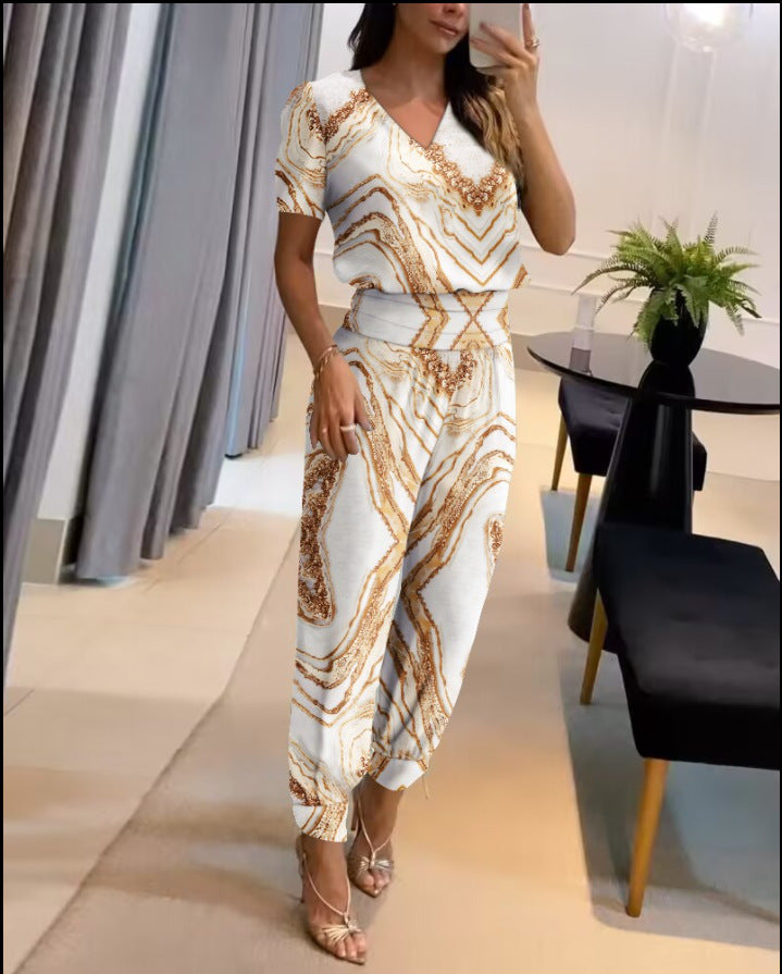 Damen Zweiteiler Sommer Moderner Print V-Ausschnitt