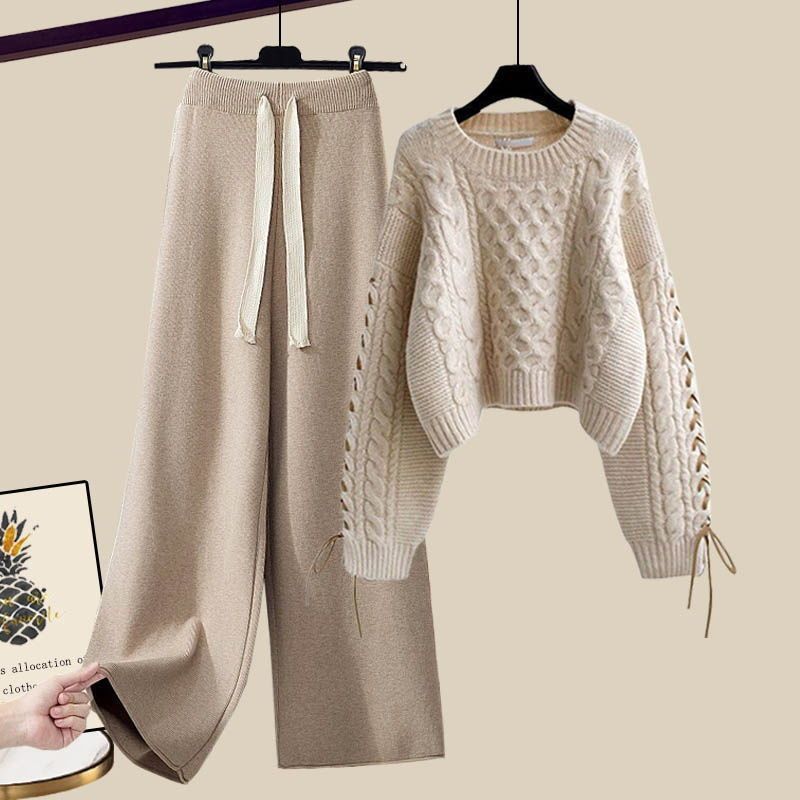 Damen Strickset Bequem Herbst Pullover Hose