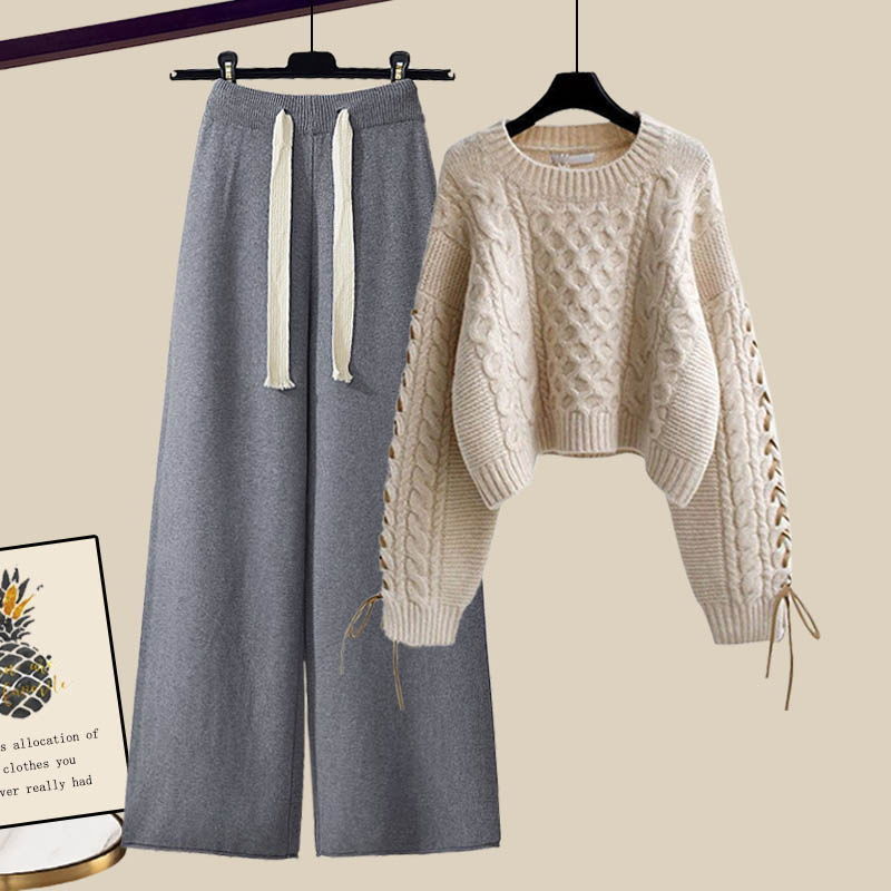 Damen Strickset Bequem Herbst Pullover Hose
