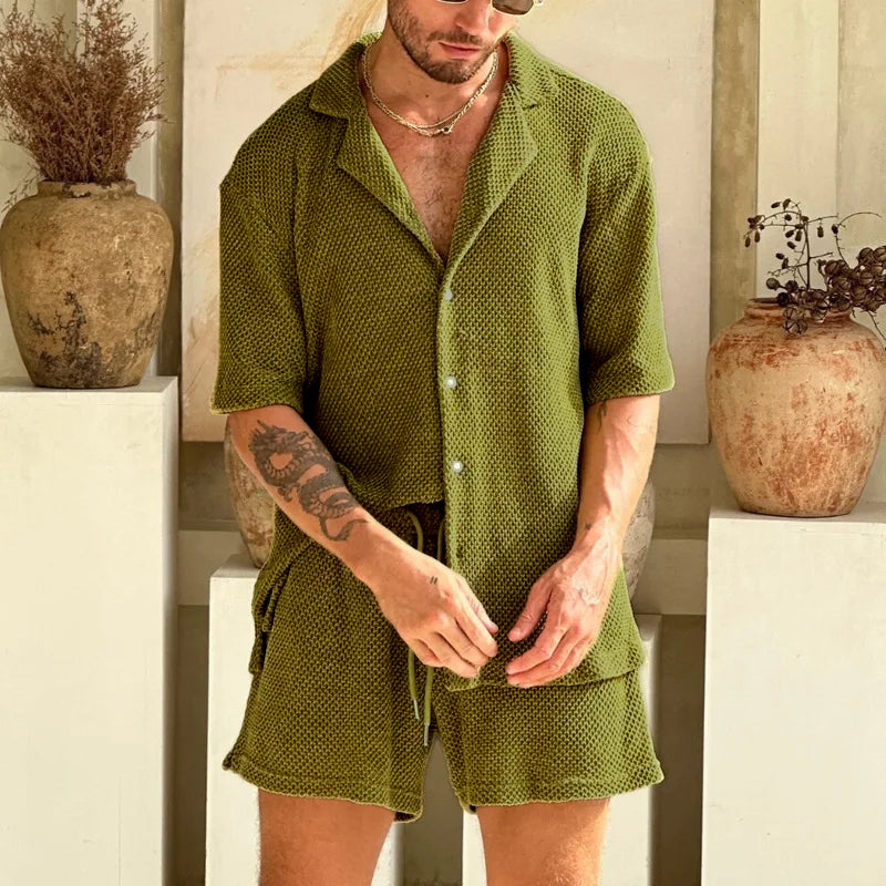Herren-Set Waffelstrick Hemd und Shorts Sommer