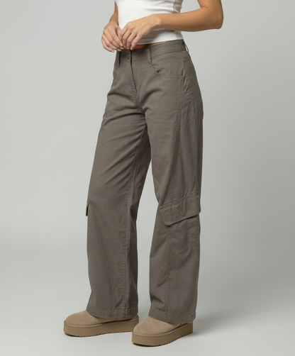 Damen Cargo-Hose Weite Bein mit Klappentaschen und Ziernähten - BerlinGlamour