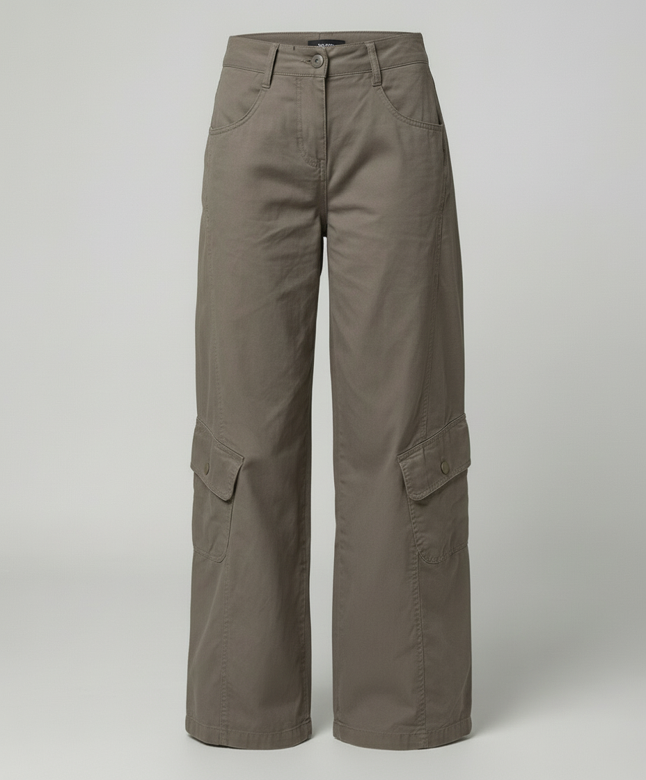 Damen Cargo-Hose Weite Bein mit Klappentaschen und Ziernähten