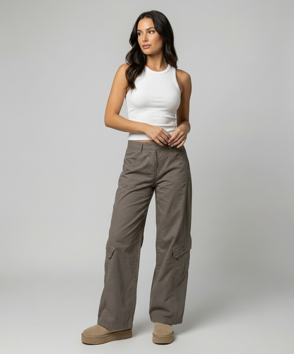 Damen Cargo-Hose Weite Bein mit Klappentaschen und Ziernähten