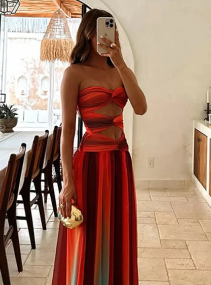 Sommerkleid Maxi Farbverlauf Rot Orange Cutouts