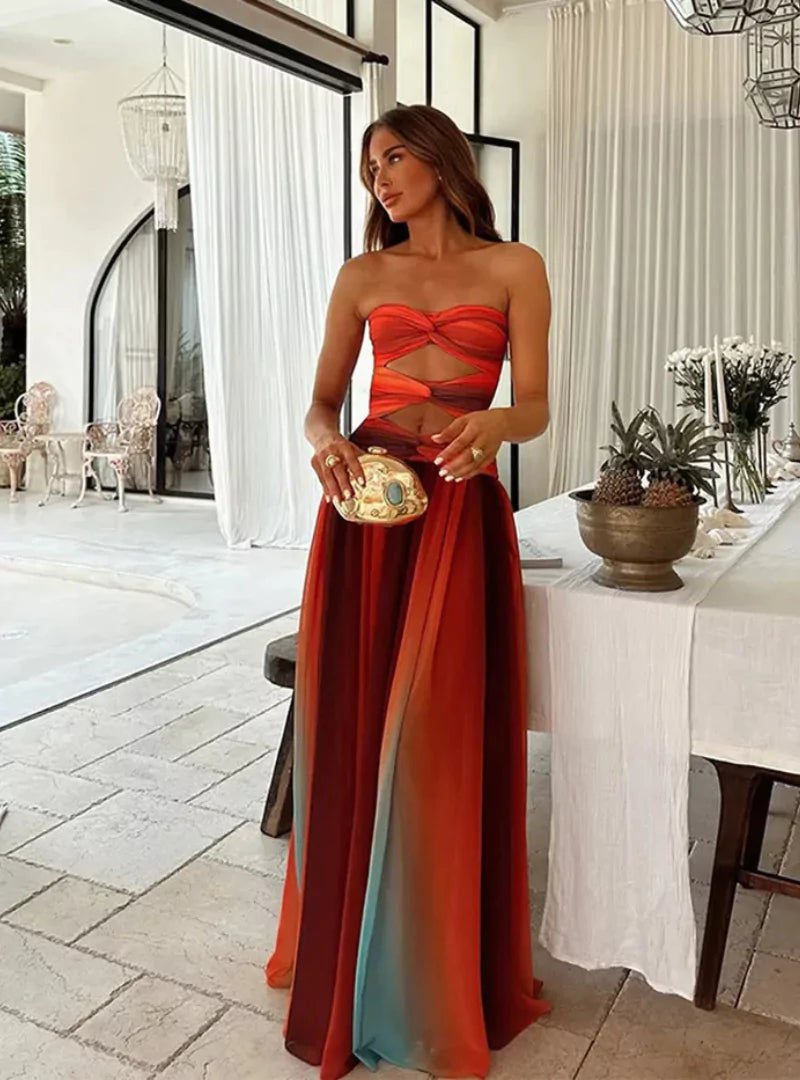 Sommerkleid Maxi Farbverlauf Rot Orange Cutouts - BerlinGlamour
