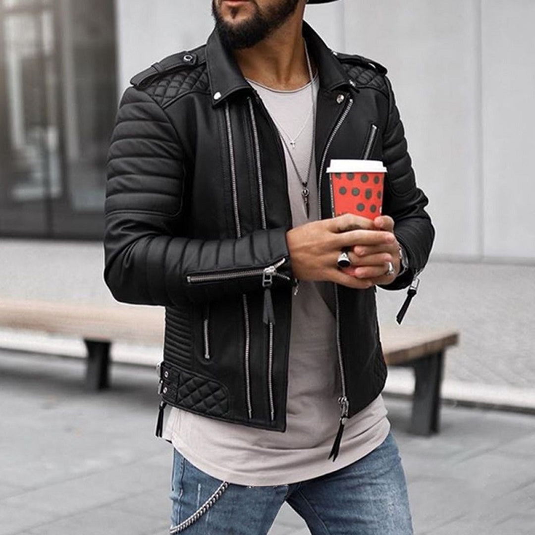 Lederjacke Herren Biker Style Gepolstert Schwarz Reißverschluss - BerlinGlamour