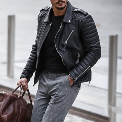 Lederjacke Herren Biker Style Gepolstert Schwarz Reißverschluss