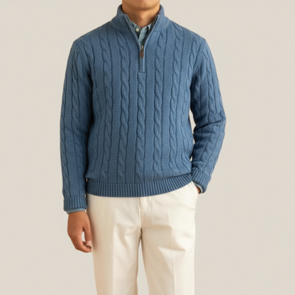 Herren Pullover Kabelmuster Halbzipp, Stehkragen, Ribbensaum