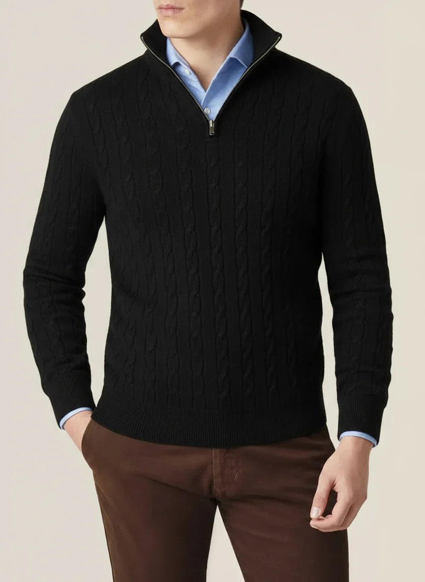 Herren Pullover Kabelmuster Halbzipp, Stehkragen, Ribbensaum - BerlinGlamour