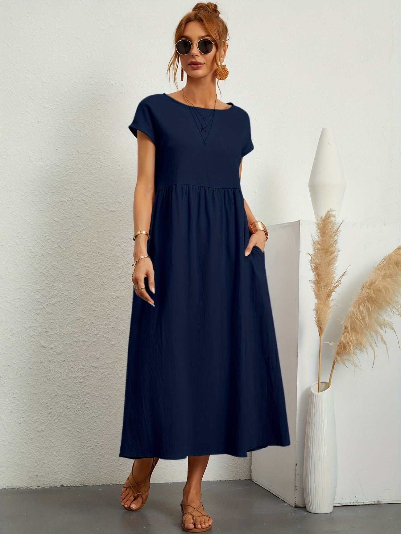 Elegantes Kleid Rundhals Ausschnitt Damenkleid Modern