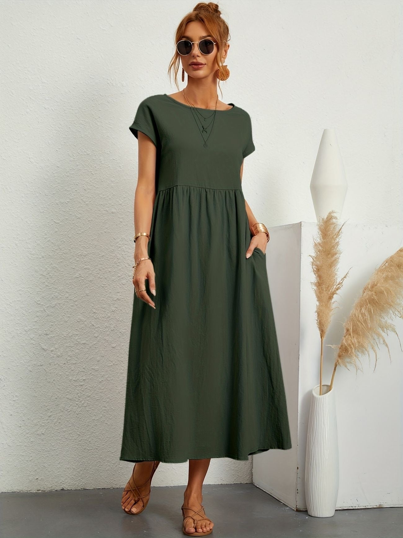 Elegantes Kleid Rundhals Ausschnitt Damenkleid Modern