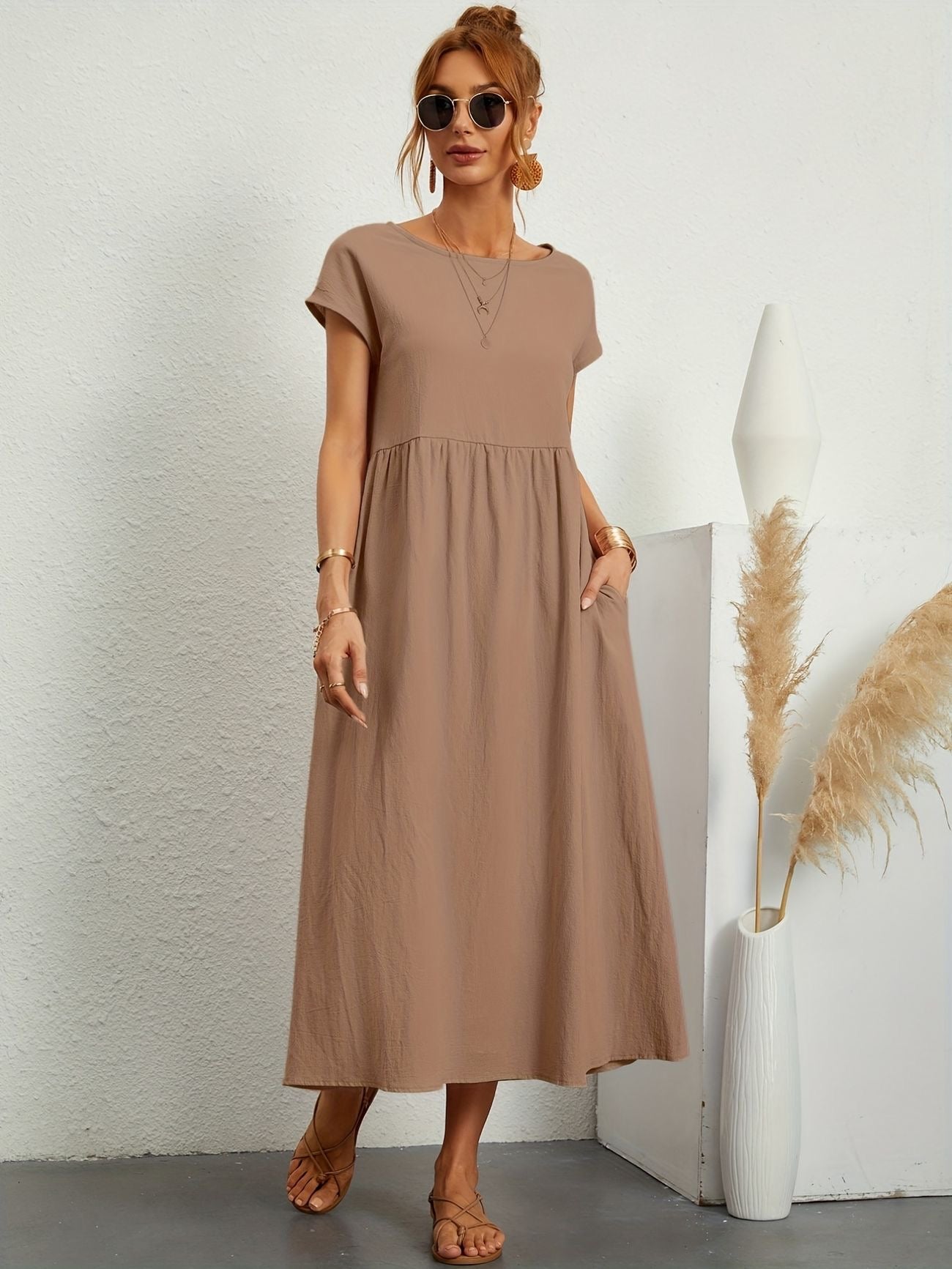 Elegantes Kleid Rundhals Ausschnitt Damenkleid Modern