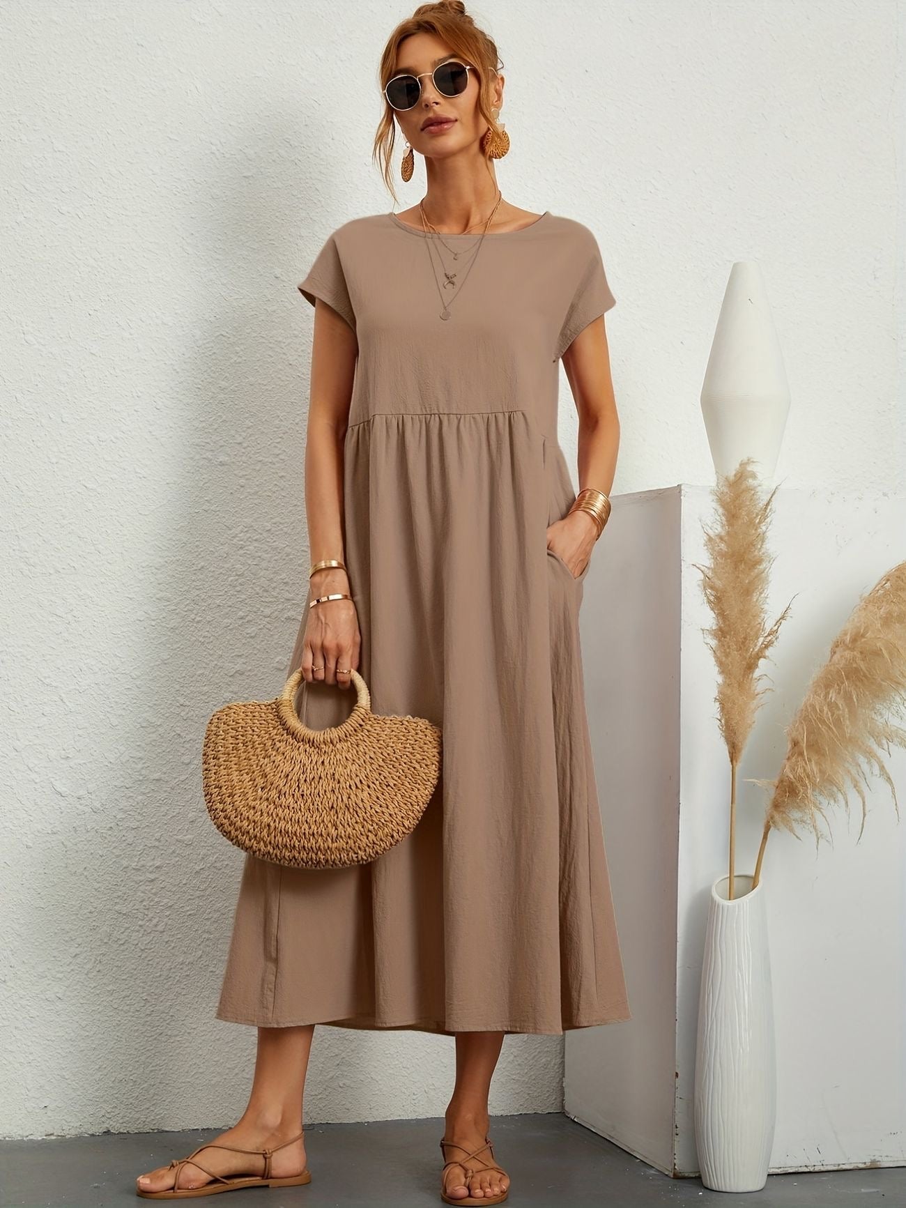 Kleid Rundhalsausschnitt Damen Elegantes Sommerkleid
