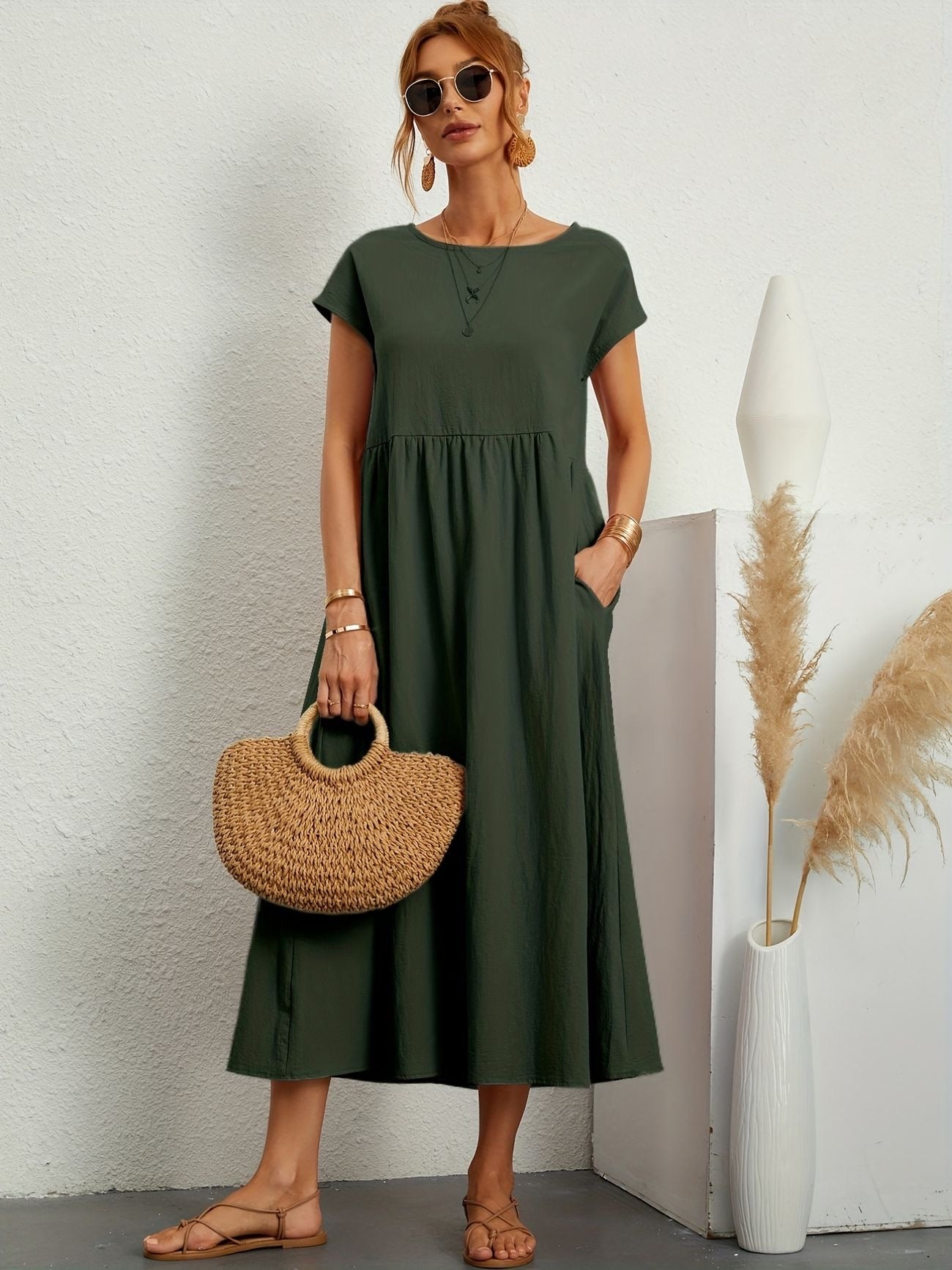 Kleid Rundhalsausschnitt Damen Elegantes Sommerkleid