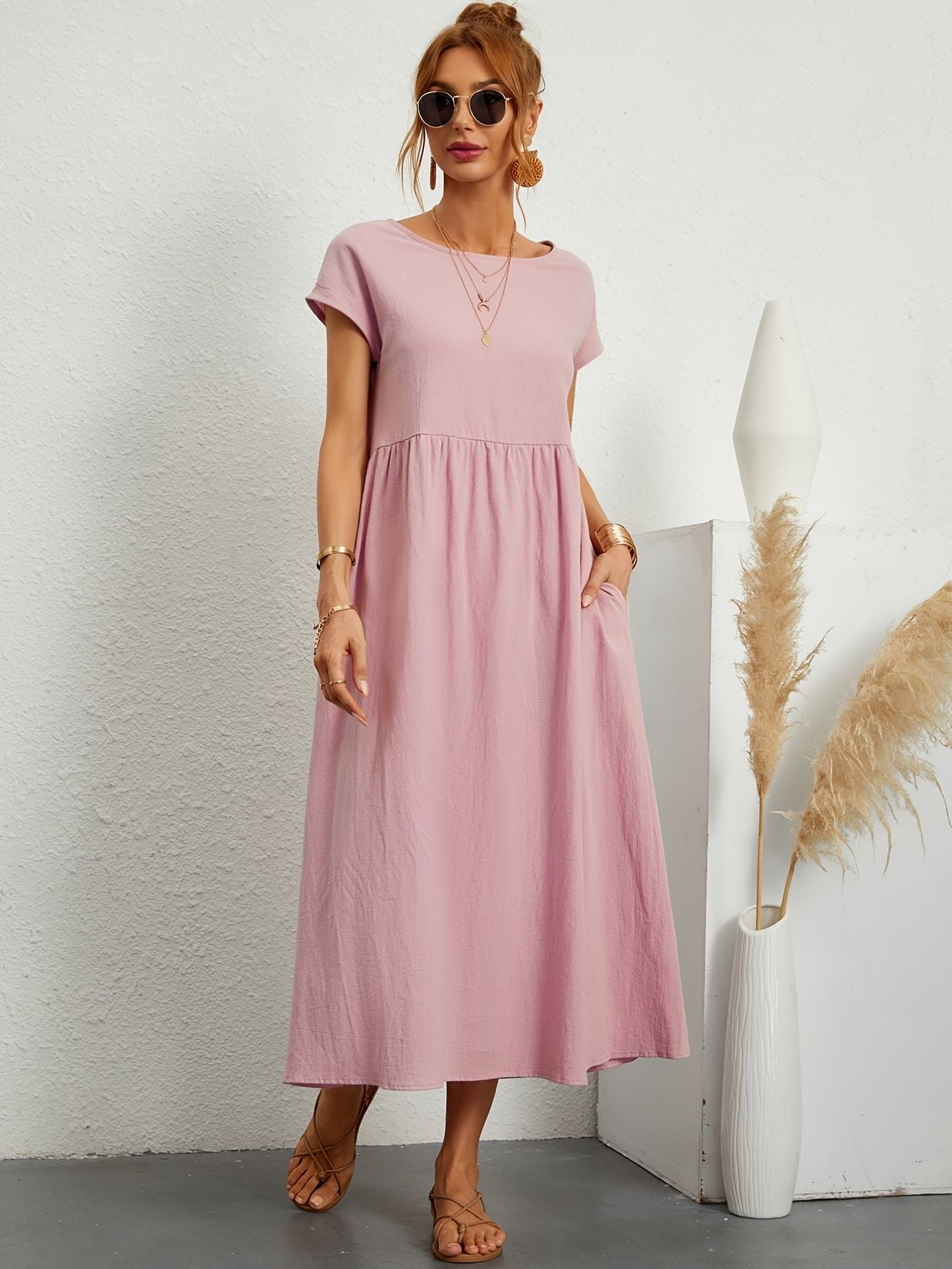 Elegantes Kleid Rundhals Ausschnitt Damenkleid Modern