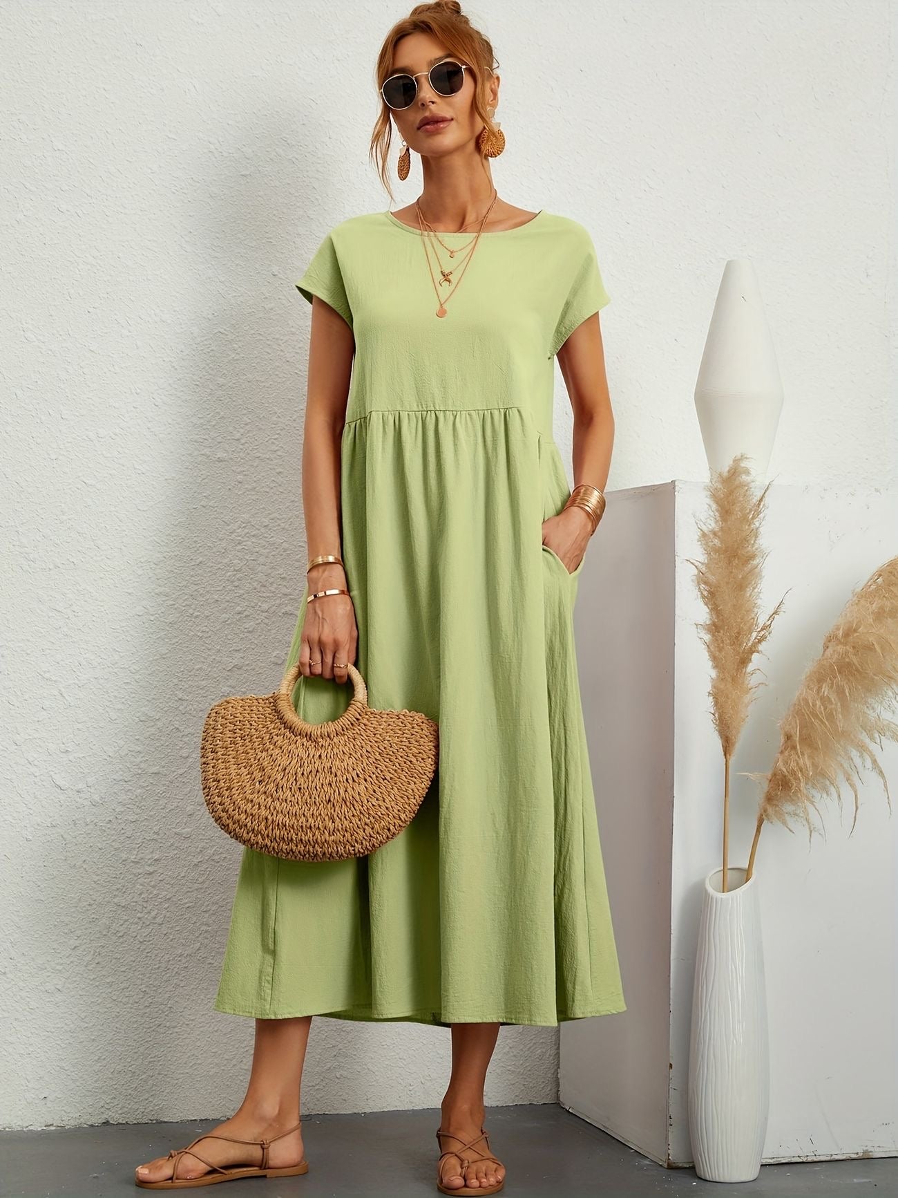 Kleid Rundhalsausschnitt Damen Elegantes Sommerkleid