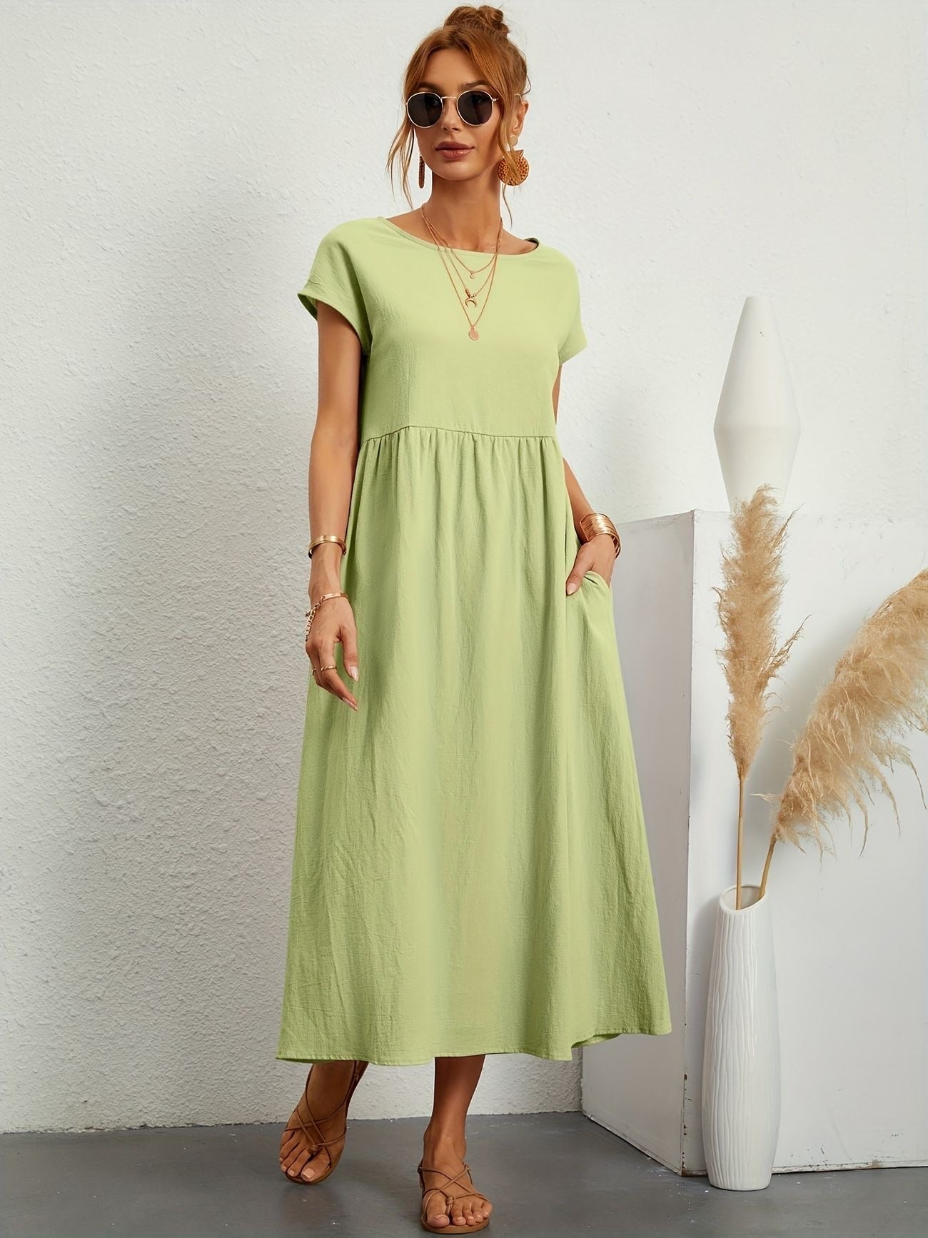 Elegantes Kleid Rundhals Ausschnitt Damenkleid Modern
