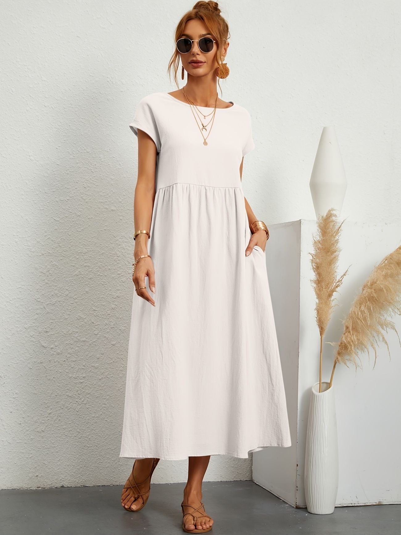 Kleid Rundhalsausschnitt Damen Elegantes Sommerkleid