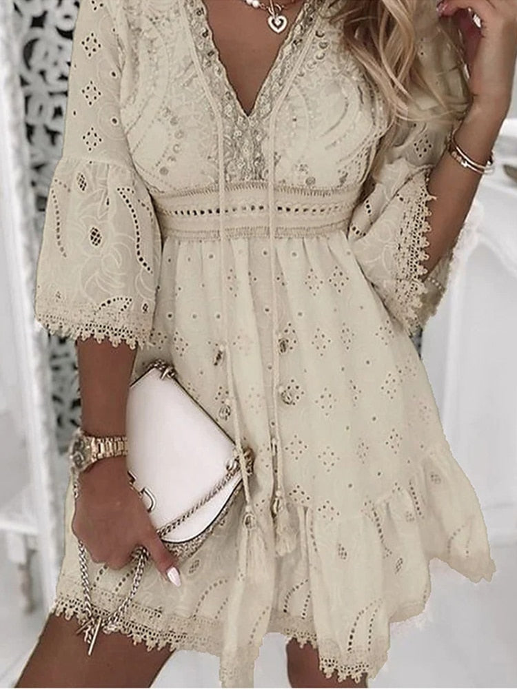 Boho Kleid Spitzen Sommerkleid Frauen Kurzärmelig