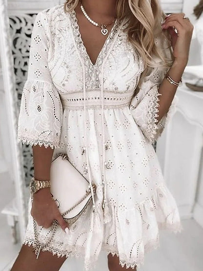 Boho Kleid Spitzen Sommerkleid Frauen Kurzärmelig